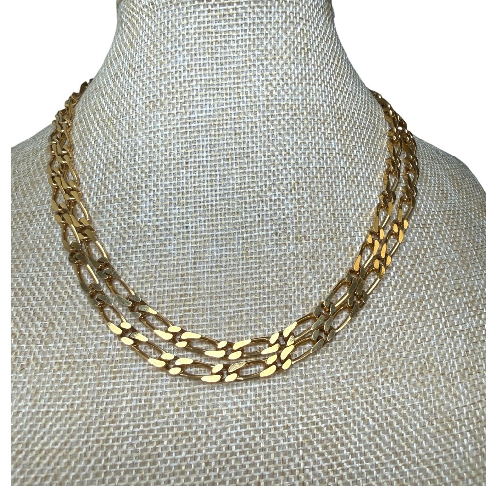 Monet Gold Tone Figaro Chain Necklace Double Strand Vintage 80s Glam Statement
